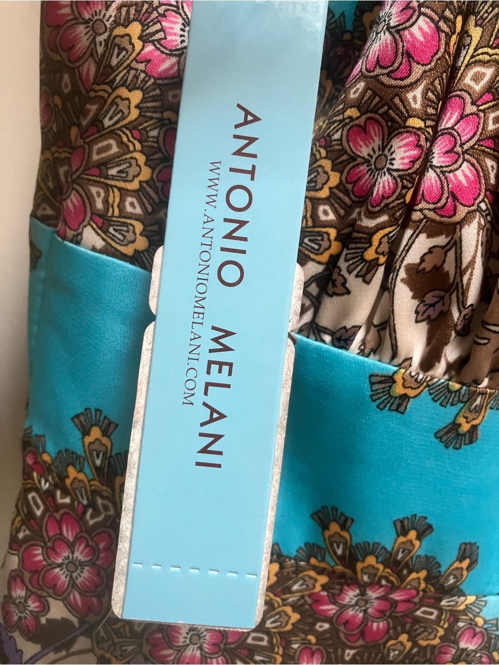 NWT ANTONIO MELANI Turquoise, Cream & Brown Floral Asymmetrical Dress Size 0 - Picture 4 of 4